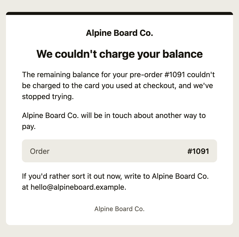 The email a customer gets when the balance couldn't be charged