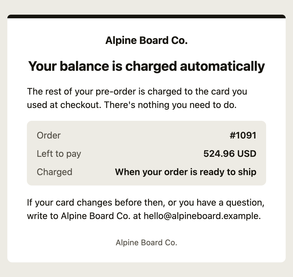 The email a customer gets after paying the deposit