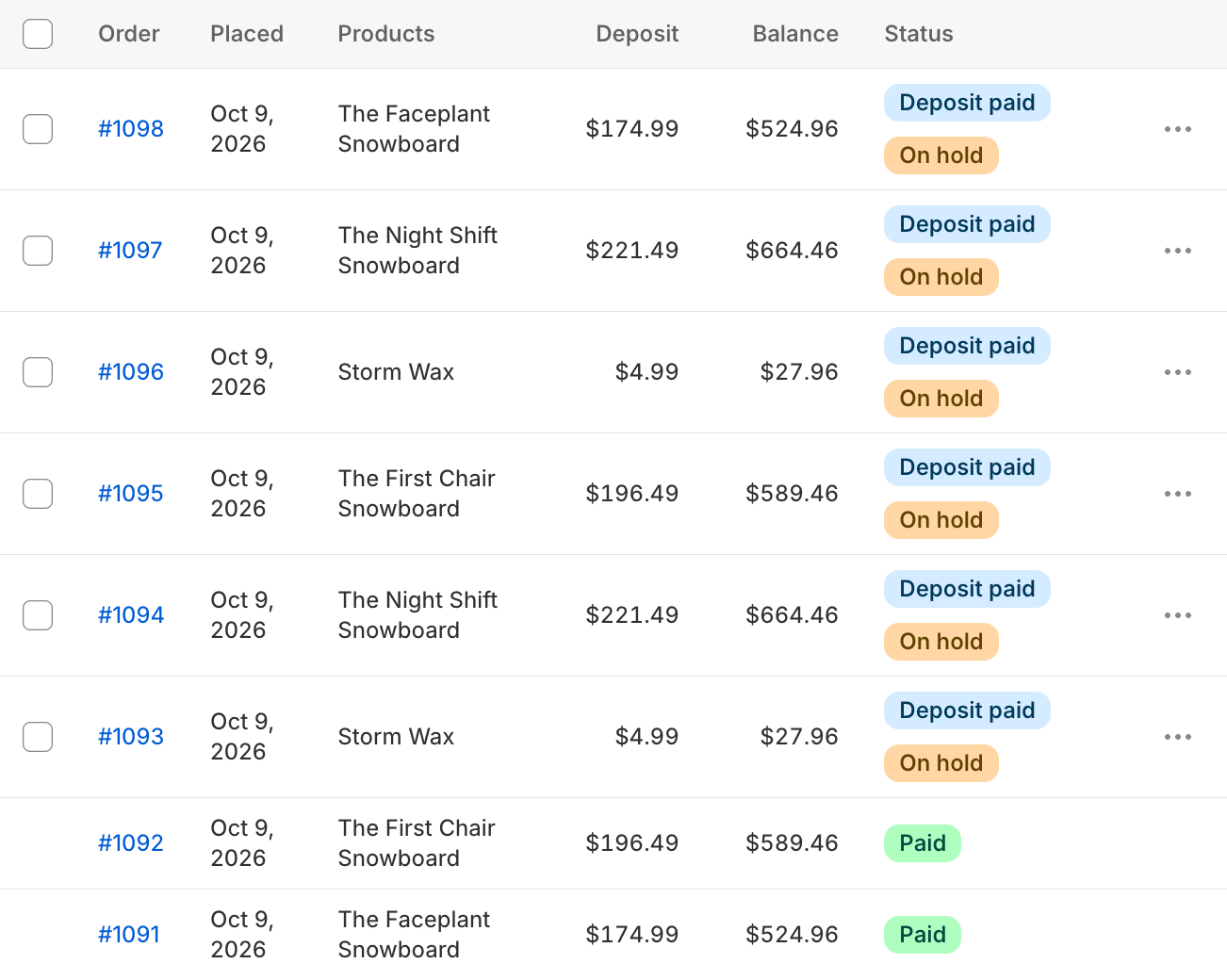 Kaparo's Orders page: each pre-order with its deposit, balance and status
