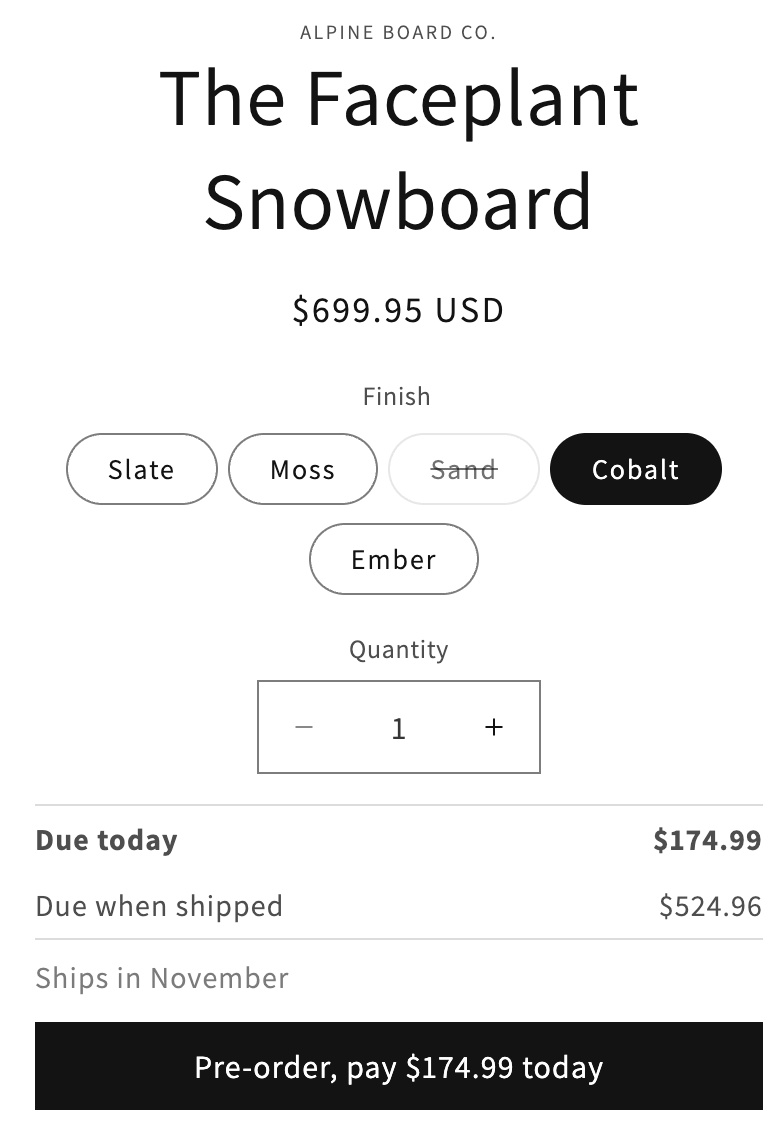 A product page with the lines: Due today $174.99, due when shipped $524.96, ships in November